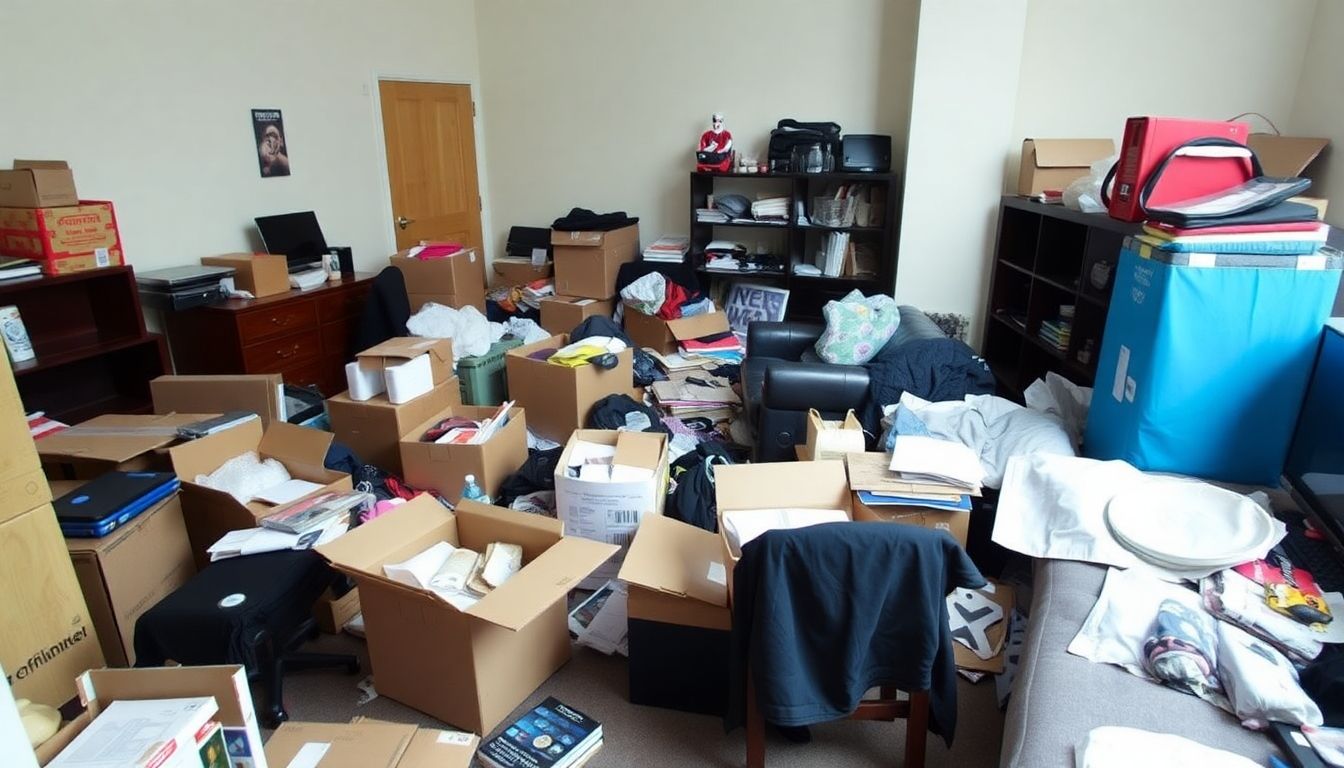 Cluttered student room with boxes and furniture for clearance.