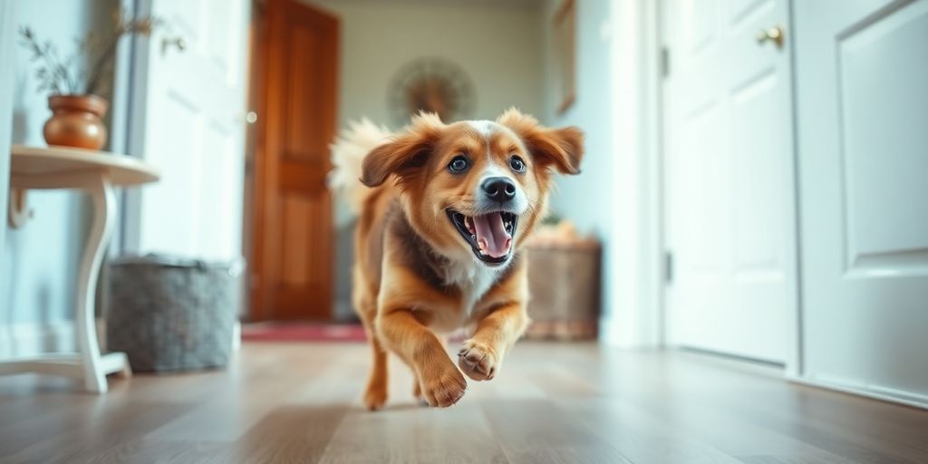 Playful dog frolicking in a bright home setting.