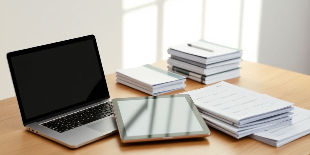Modern office with organized computer and documents.