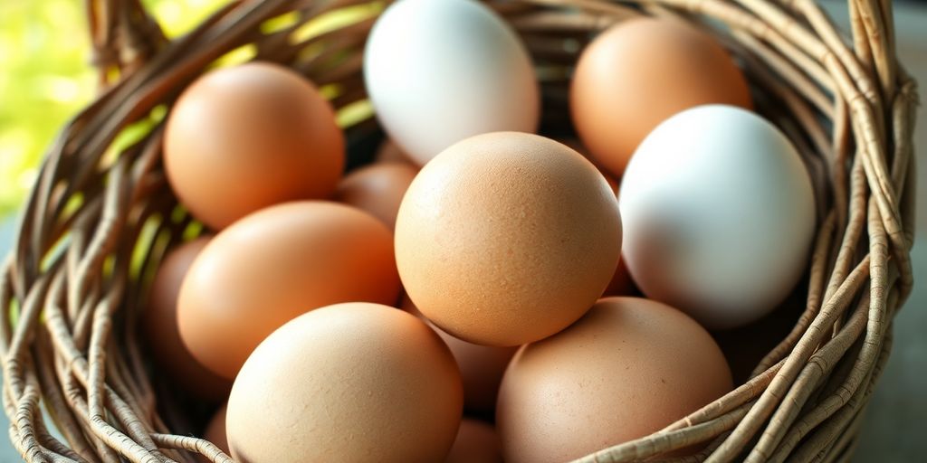 Pasture raised eggs in a rustic basket.