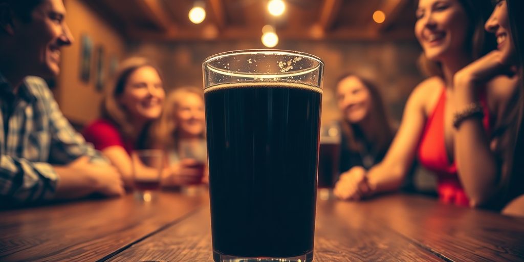 Glass of drink with blurred party atmosphere in background.