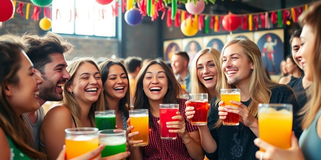 Group of friends enjoying drinks at a sober party.