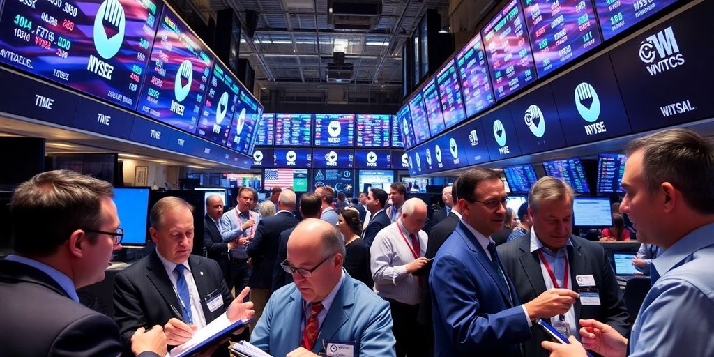 Traders engaged in lively discussions on a trading floor.