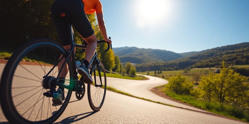 Cyclist on road, lush green background.