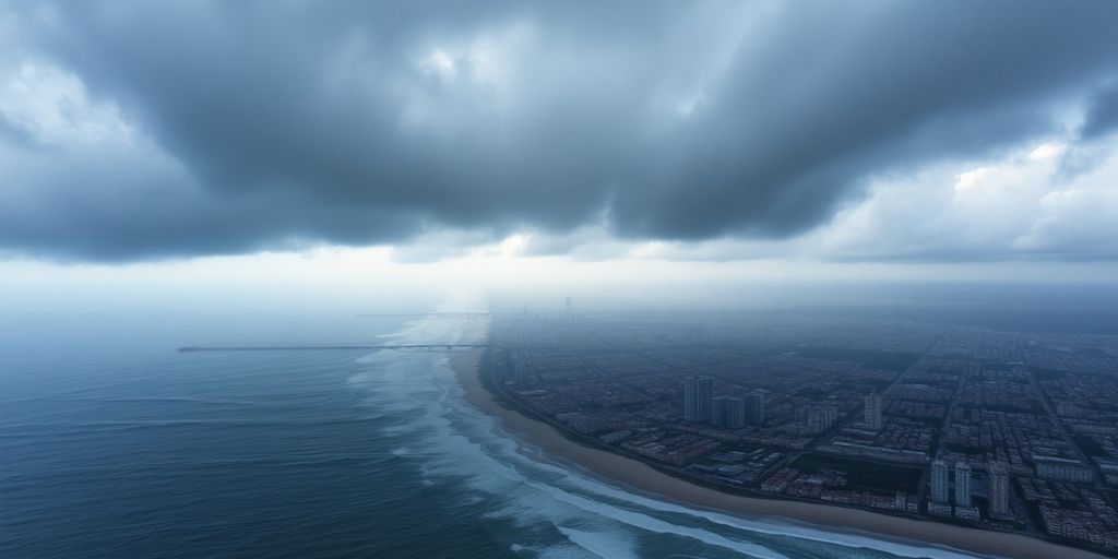 Satellite view of hurricane over coastal city