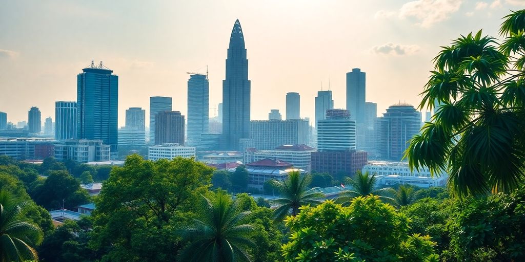 Shimmering Thai cityscape with modern buildings and lush greenery.