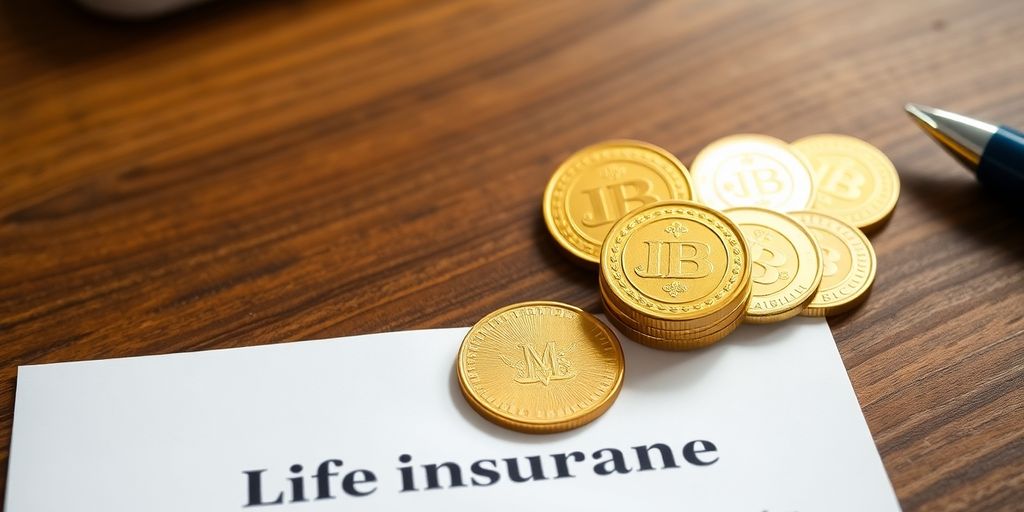 Pièces d'or et contrat d'assurance-vie sur un bureau en bois.