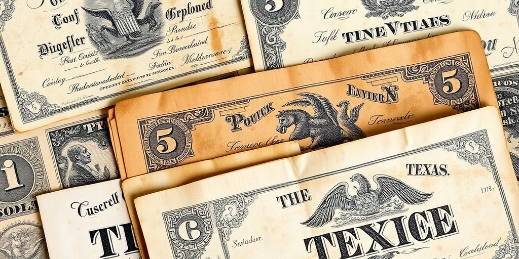 Close-up of vintage Texas bank notes.