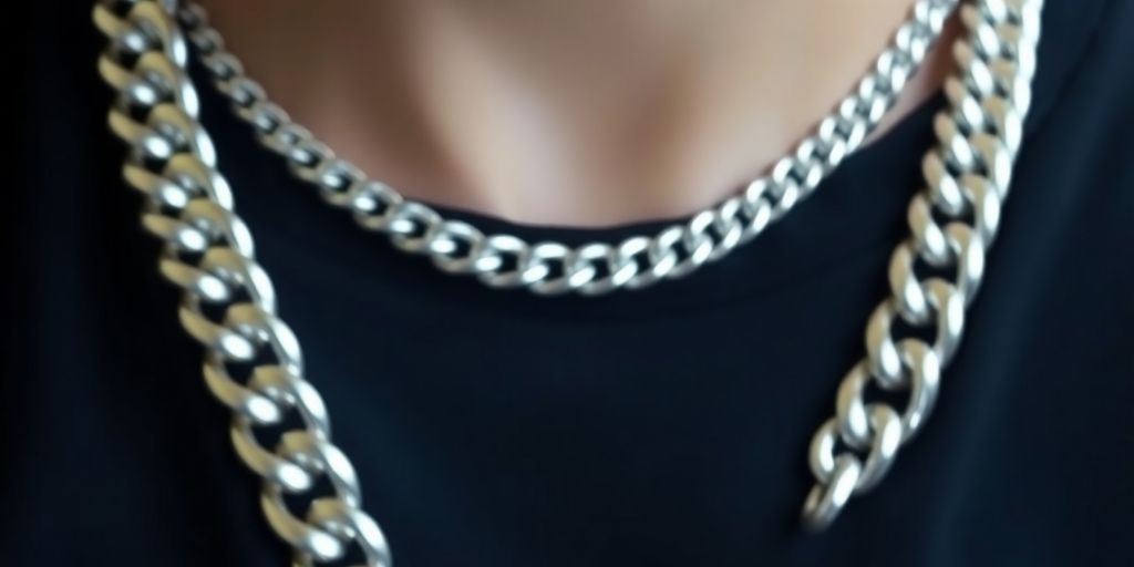 Silver Cuban link chain, worn, close-up, sparkling.