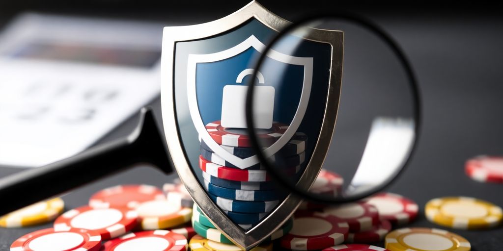 Shield protecting casino chips from a magnifying glass.
