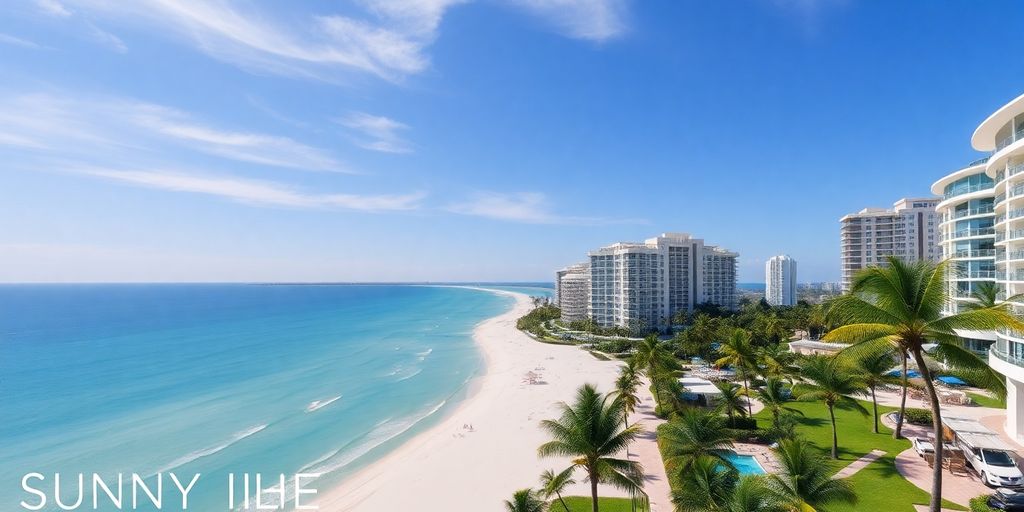 Vibrant beachfront scene with luxury condos and palm trees.