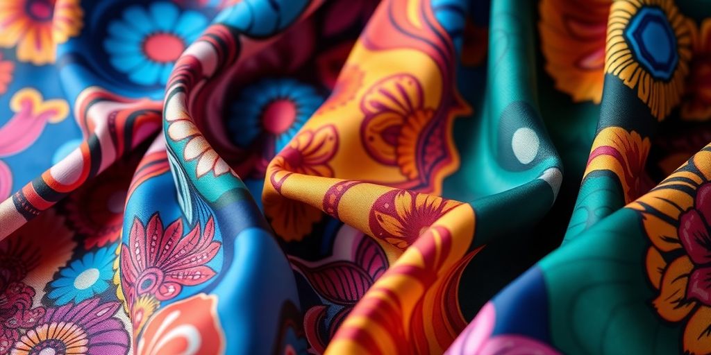 Colorful garments with DTF prints, close-up.