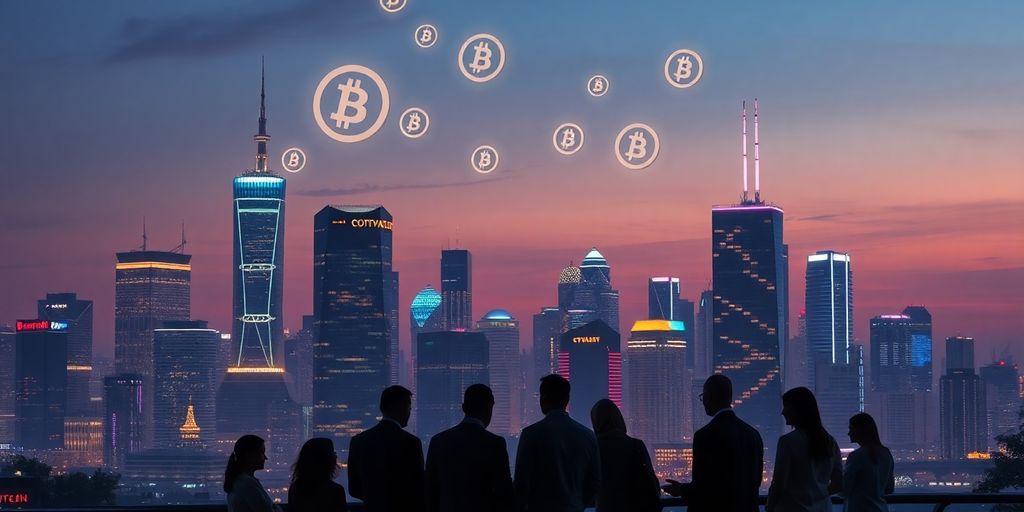 Futuristic city skyline with blockchain-themed architecture at dusk.