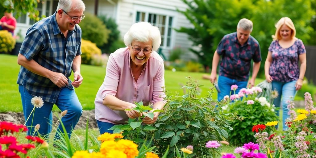 Elderly couple gardening with friendly neighbors helping them.
