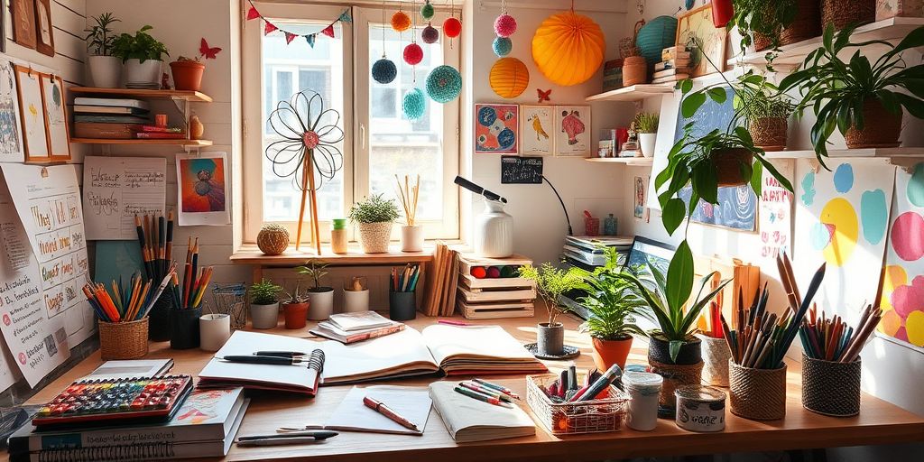 Creative workspace with art supplies and colorful decor.