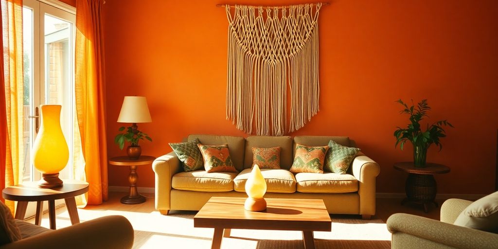 Vintage 70s living room with orange and green decor.