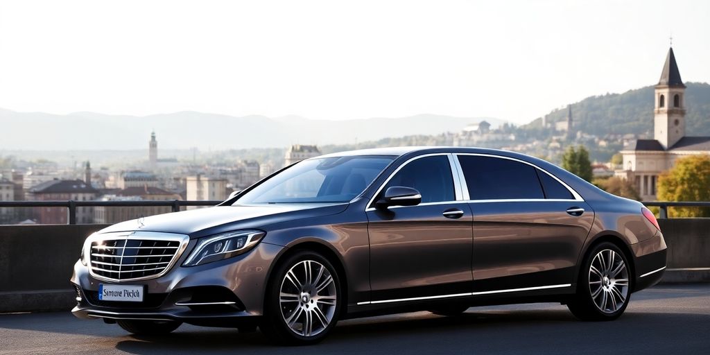 Luxury Mercedes Maybach in front of Zurich skyline.