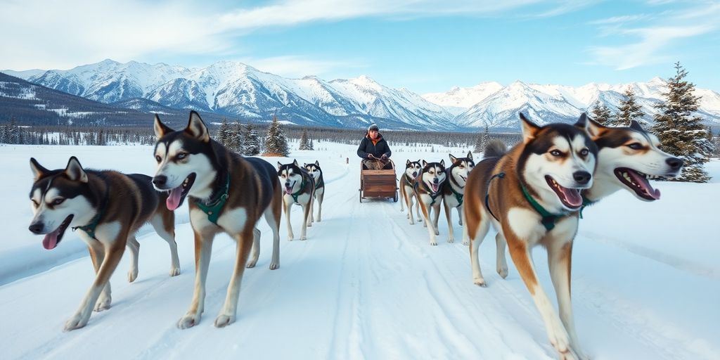 A musher guides a team of dogs on a sled in Alaska.