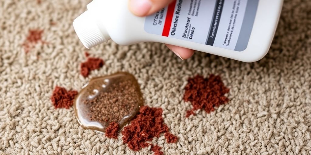 Hand cleaning a stained carpet with a stain remover.