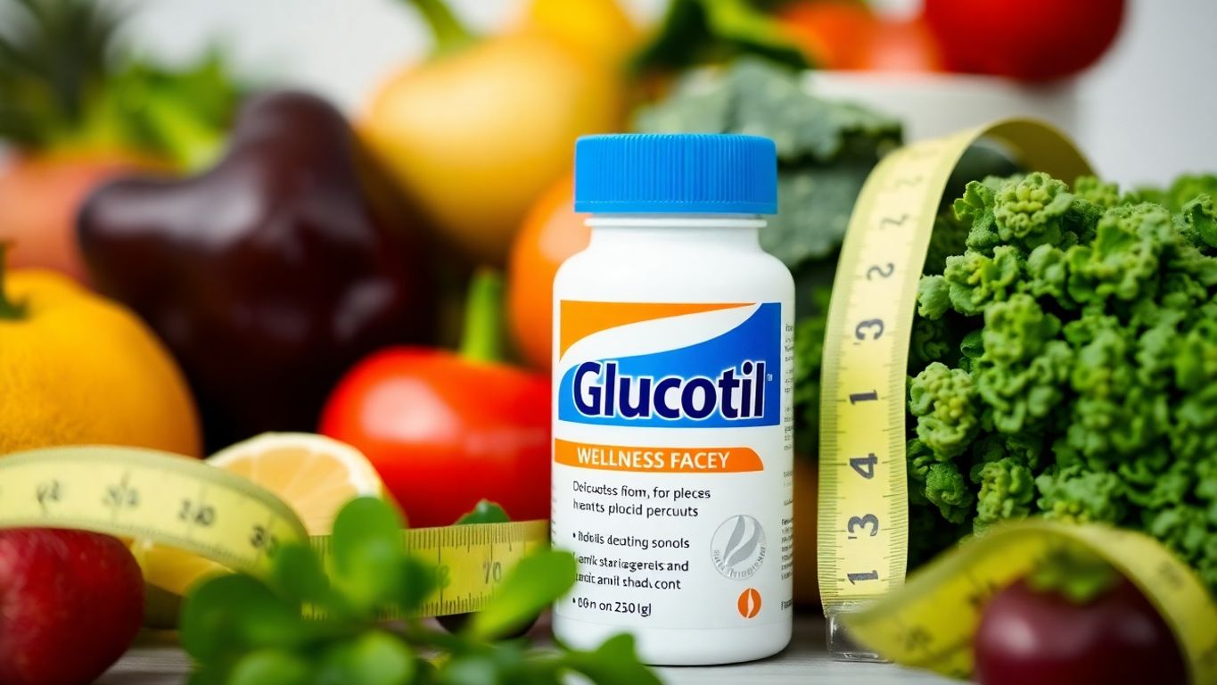 Glucotil bottle with healthy foods and measuring tape.