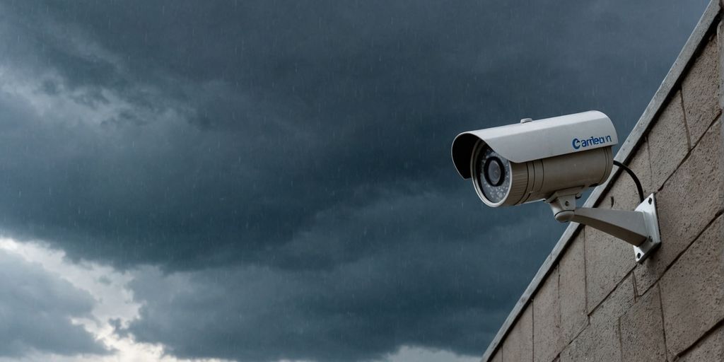 Outdoor camera with raindrops during a storm.