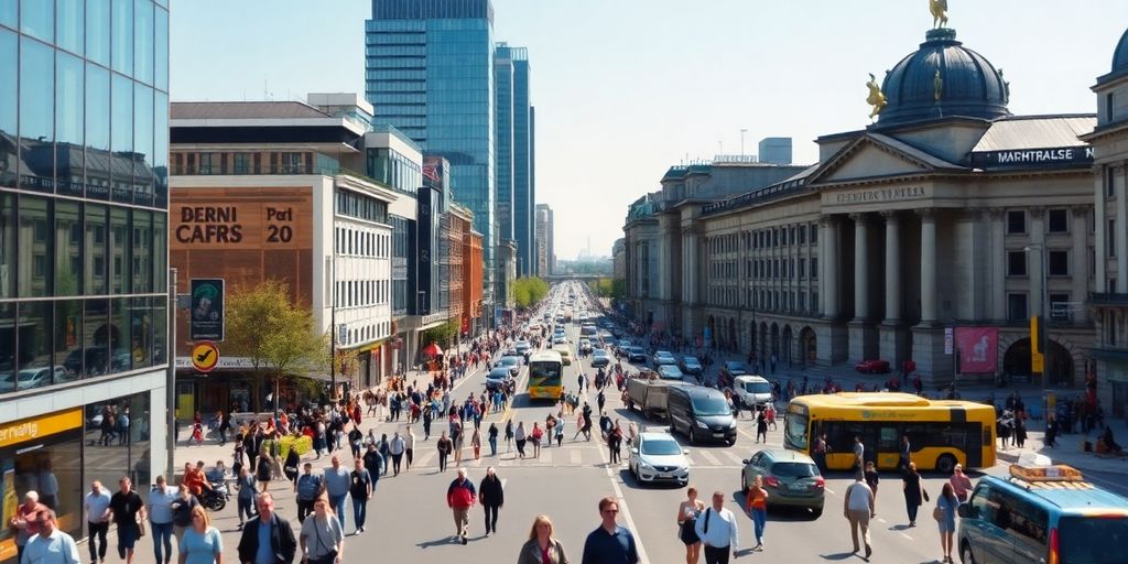 Berlin cityscape with vibrant streets and modern architecture.