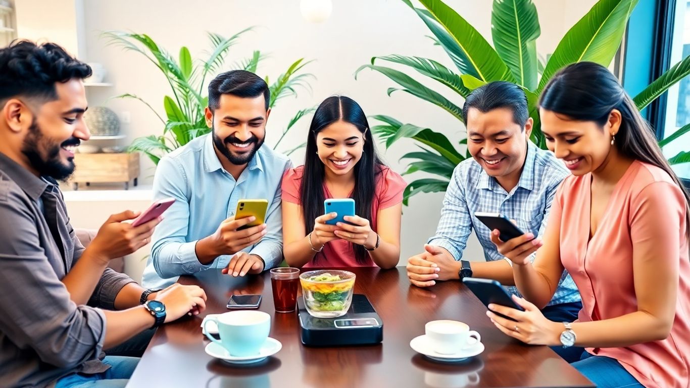 Emprendedores latinos usando teléfonos en una cafetería moderna.