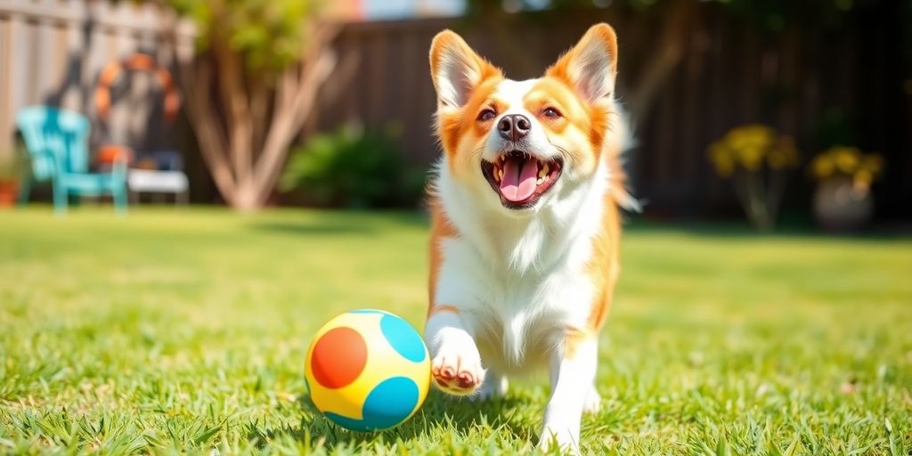 Happy dog playing with a toy in a sunny yard.