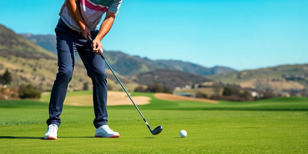 Golfer adjusting stance on a green fairway.