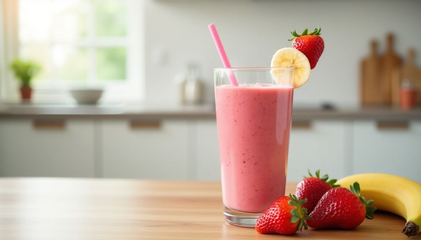 Strawberry banana smoothie in a glass with garnish.