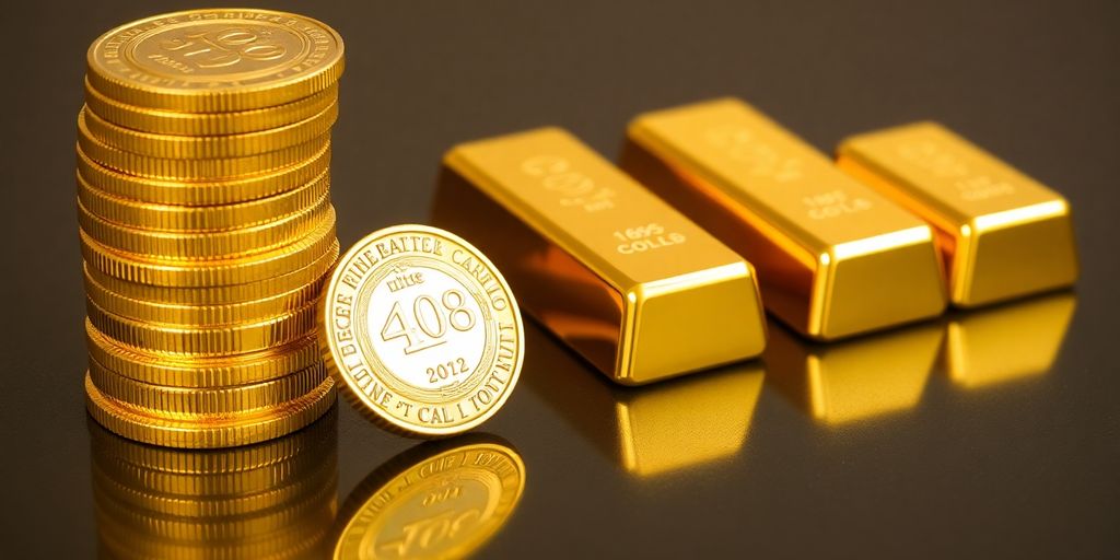 Pièces d'or brillantes empilées et lingots sur fond sombre.