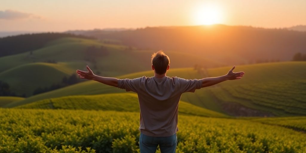 Person embracing a sunrise in a lush green field.