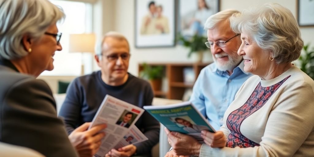 Elderly couple consulting with a Medicare advisor in an office.