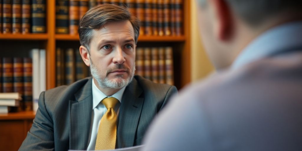 Attorney consulting with a client in a cozy office.