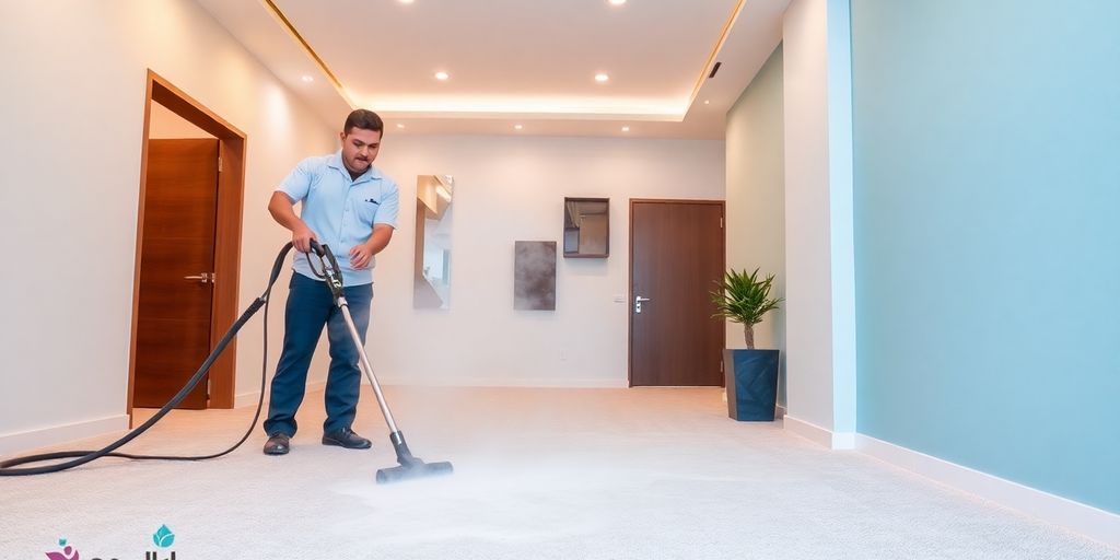 فني تنظيف بالبخار في الرياض يستخدم آلة تنظيف