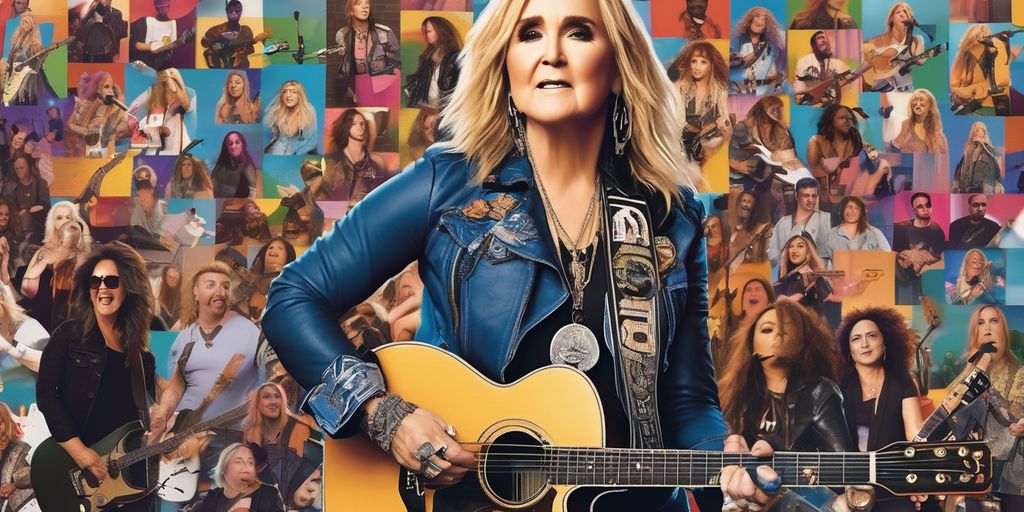 Melissa Etheridge performing on stage with social media icons in the background