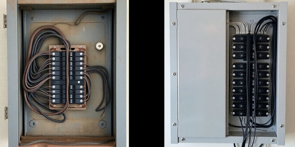 New and old electrical panels side by side.