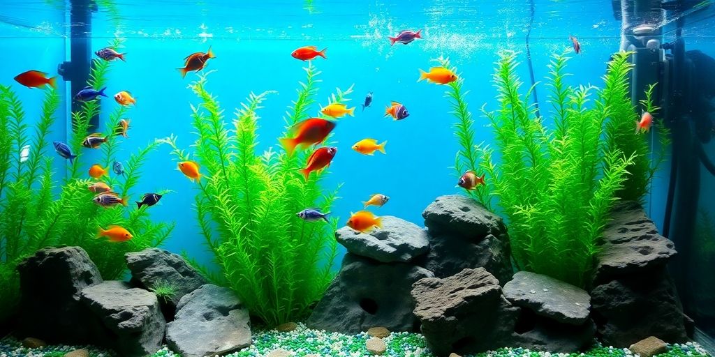Peces coloridos nadando en un acuario exuberante.