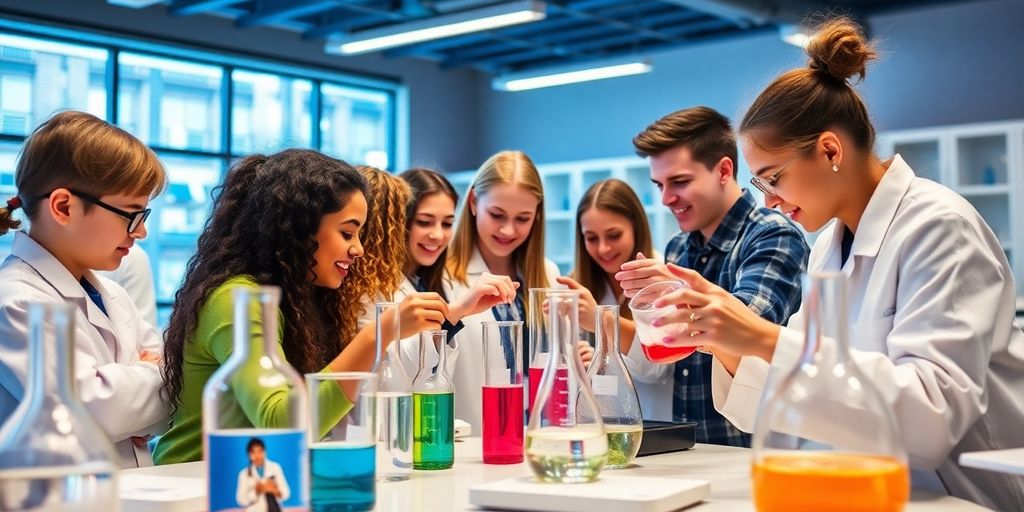 Estudantes em laboratório de química realizando experimentos.