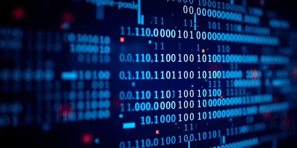 Glowing computer screen with binary code in darkness.