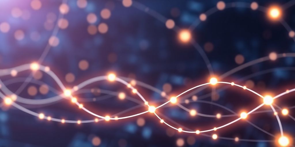 Digital interface with glowing nodes and data streams.