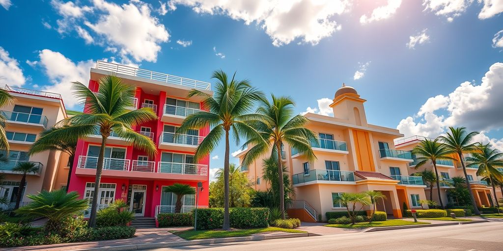 Luxury properties in Miami and Orlando with palm trees.