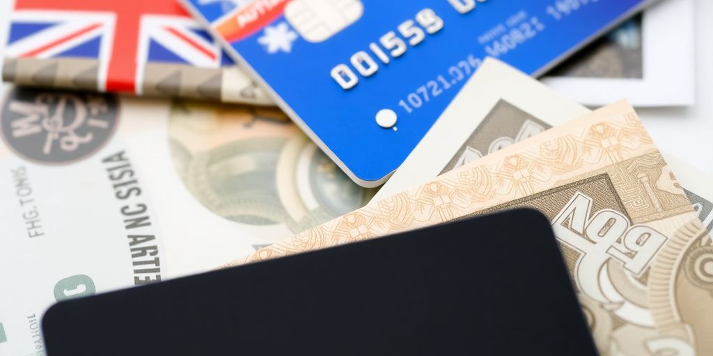 Debit and credit cards with Australian coins and banknotes.