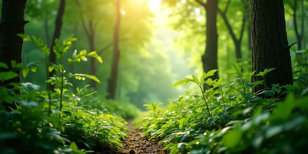 Grüner Wald mit Pflanzen und Sonnenlicht.