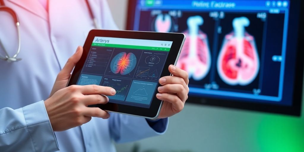 Healthcare professional interacting with Arterys AI diagnostic tool.