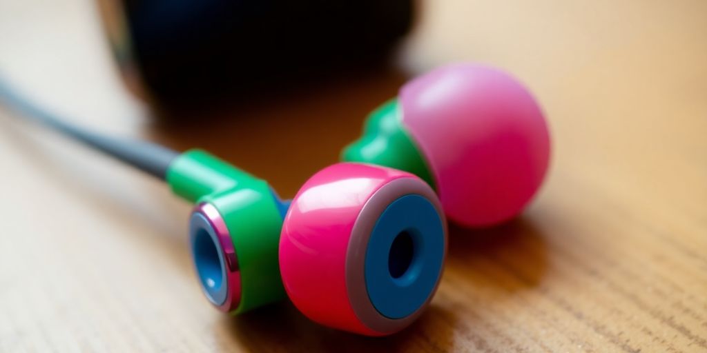 Nahaufnahme von In-Ear-Kopfhörern auf Holzoberfläche.