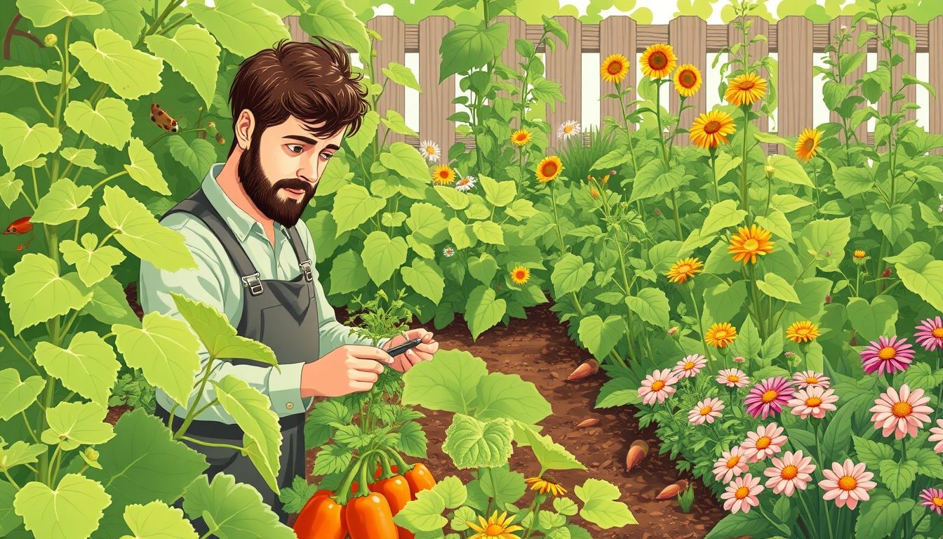 Gardener inspecting plants in a thriving garden.