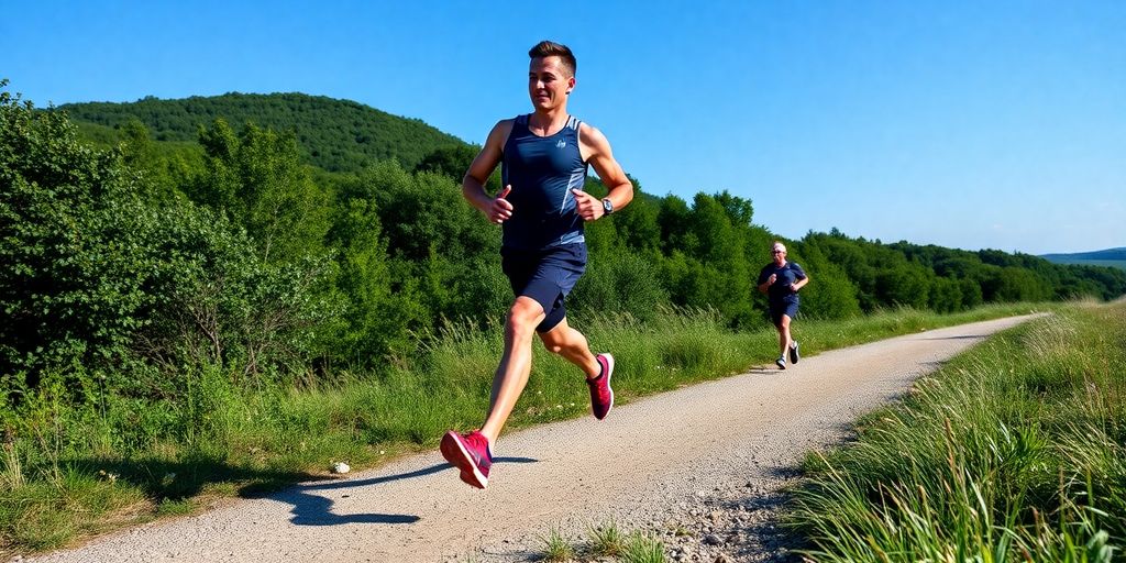 Runner training on a scenic trail for marathon preparation.