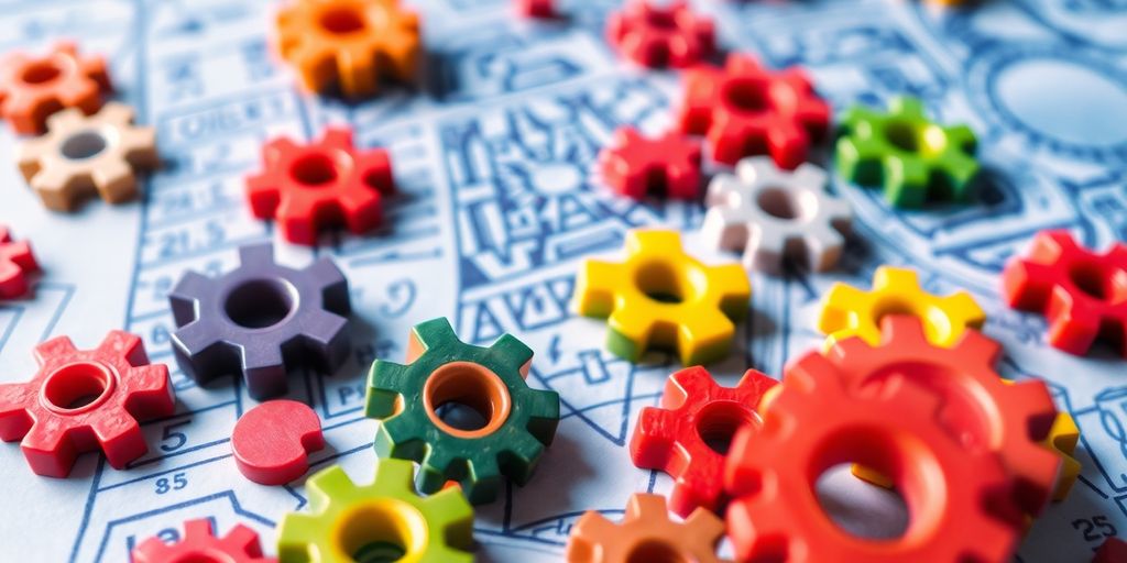 Colorful game pieces, gears, and blueprints.