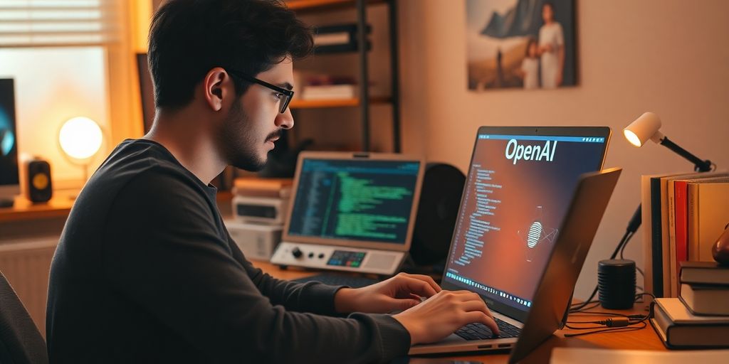 Developer coding with OpenAI API on laptop.